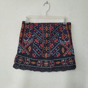 Ecote Skirt Womens 2 Black Embroidered Boho Lace Trim Mini‎ Cotton Stretch